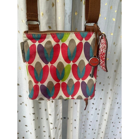 Fossil NWT Vintage Weekender Light Geometric Floral Canvas Leather Crossbody - Picture 3 of 10